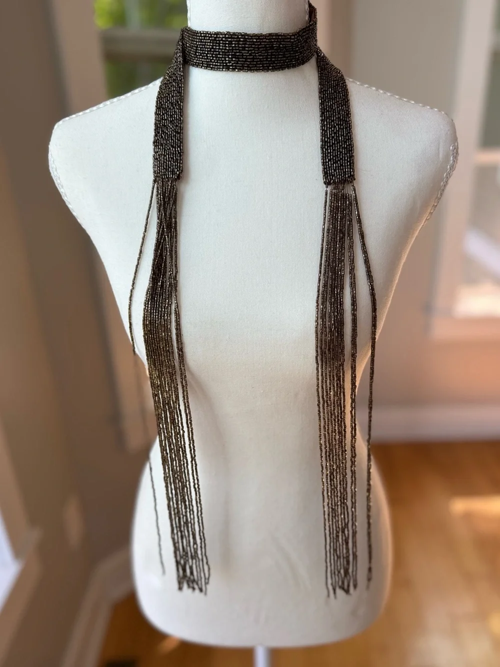 Vintage Y2K Brown Beaded Fringe Belt or Skinny Scarf